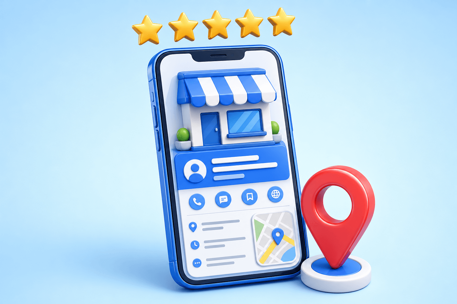 Google Business Profile listing with reviews and map pin illustration