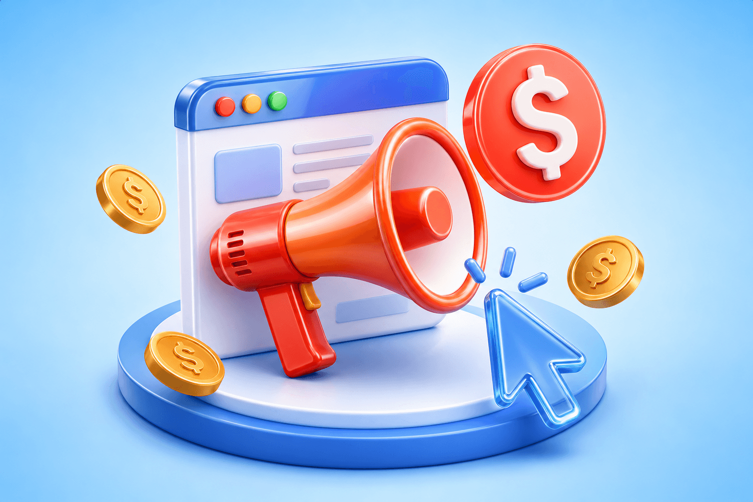 Paid advertising megaphone and click tracking illustration